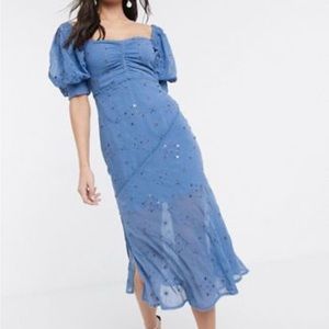 ASOS DESIGN off shoulder embellished studded eyelet midi dress